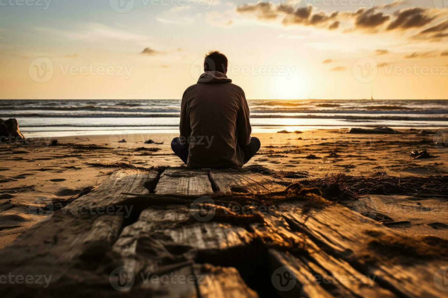 Distressed individual sitting alone displaying sadness on an eerily quiet beach photo