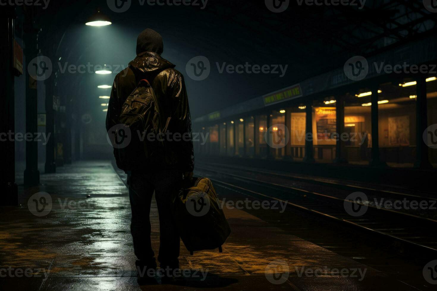 Lone figure battling internal turmoil at an empty dimly lit station photo