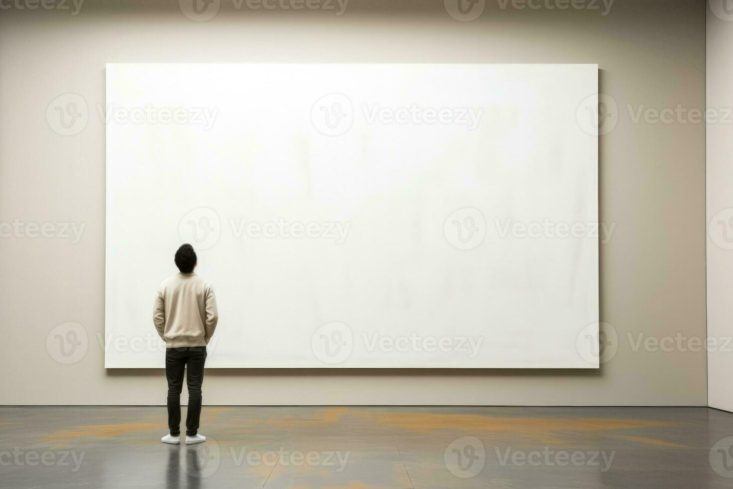 Individual contemplating art in desolate gallery background with empty space for text photo