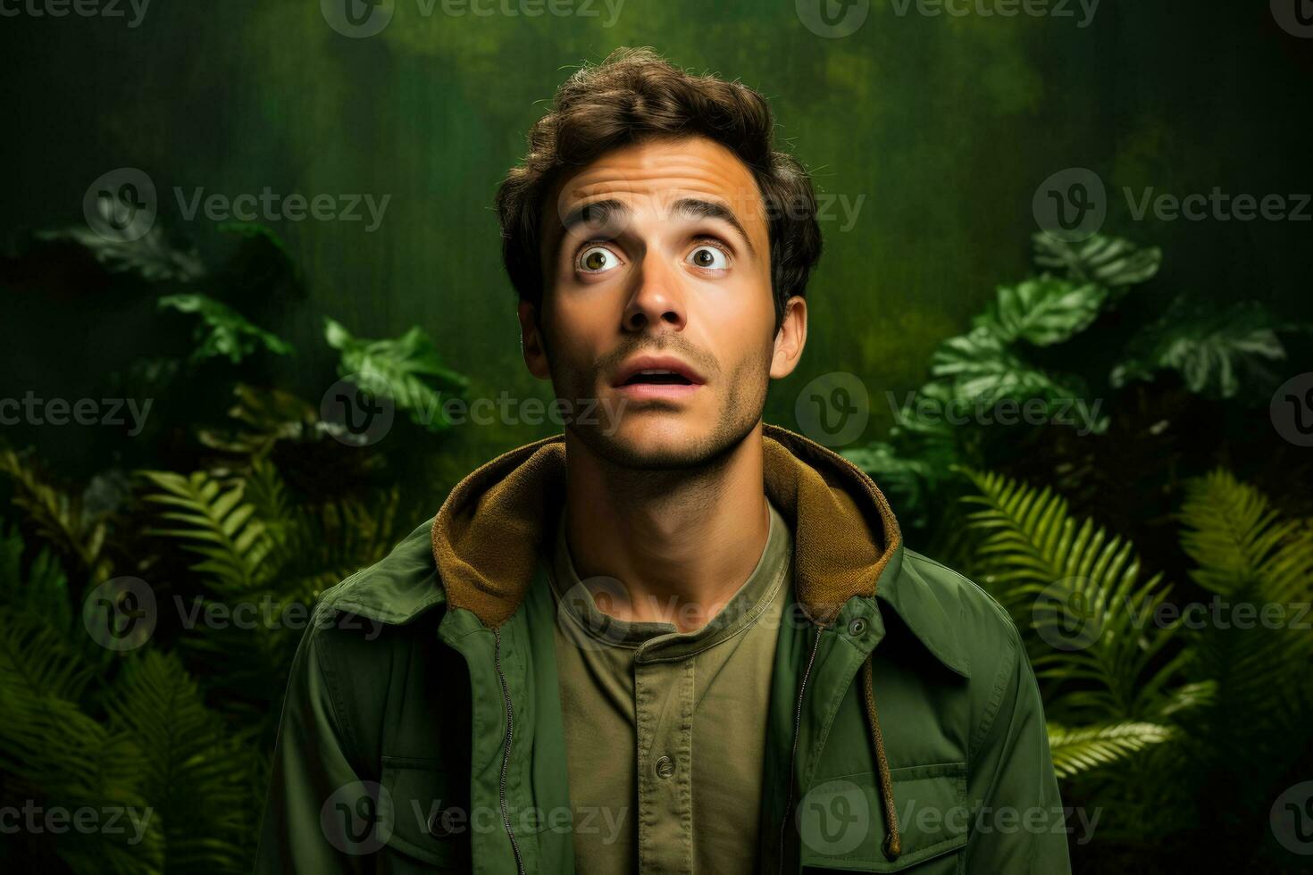 Anxious young adult in forest isolated on a green gradient background photo