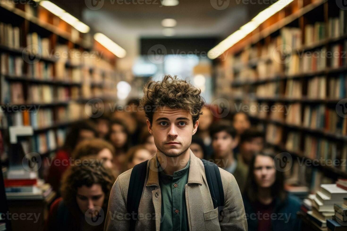 Dispirited person amidst crowded bookstore reflecting profound emotional vacuum photo