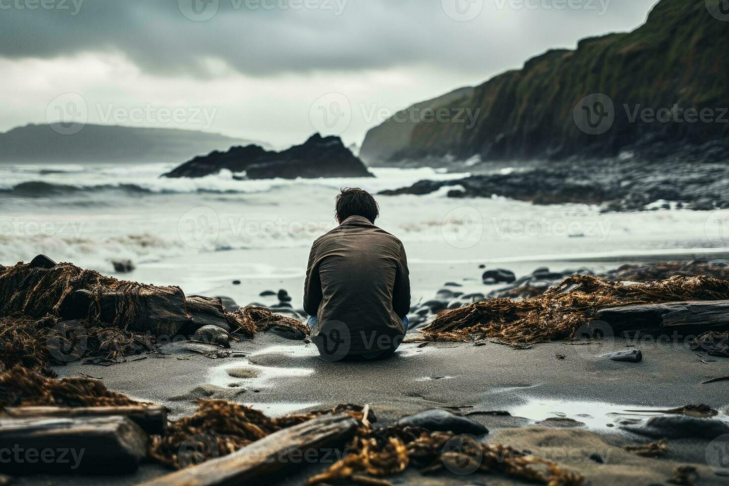 Distressed individual sitting alone displaying sadness on an eerily quiet beach photo