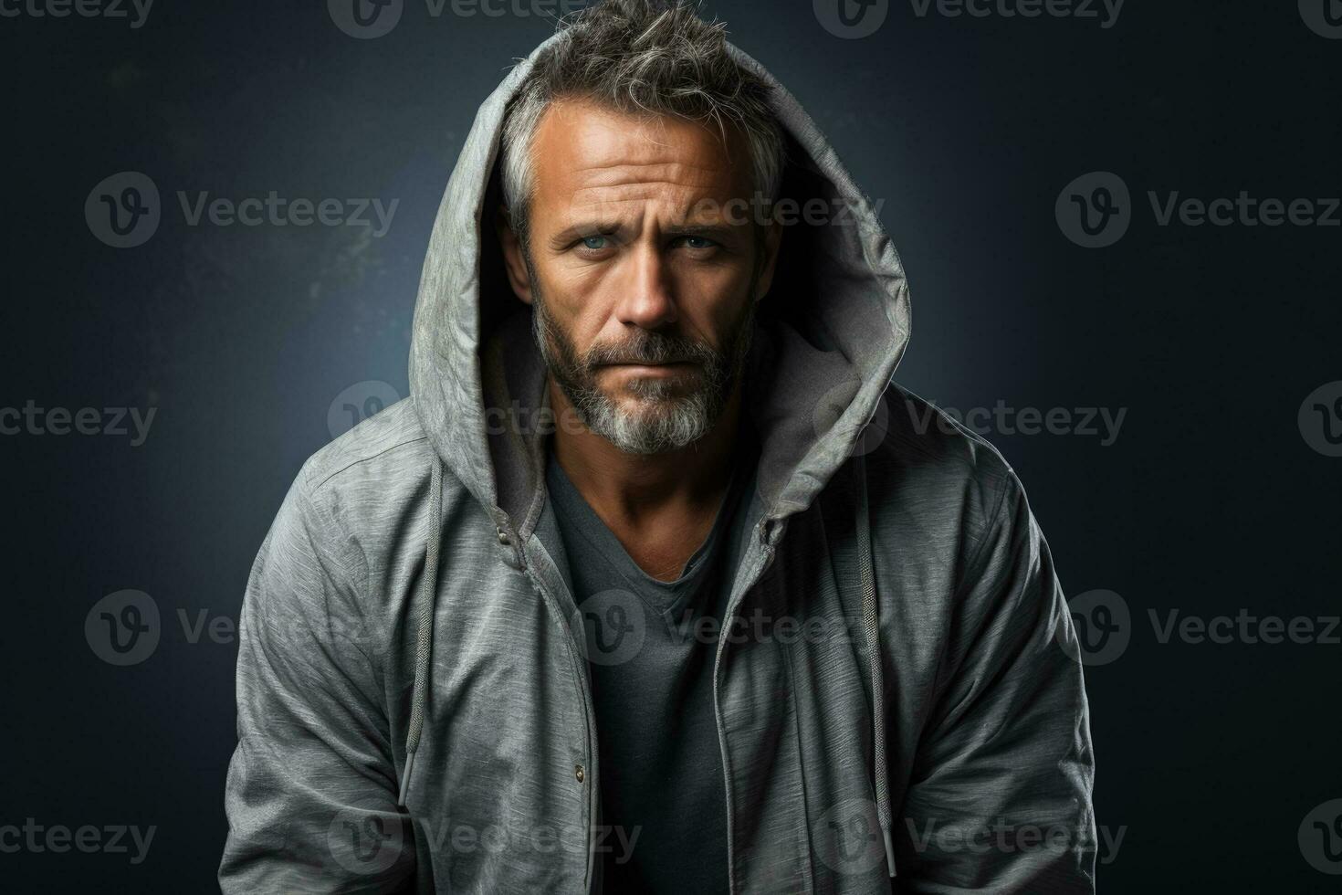 Distressed adult male sitting alone in city isolated on a gray gradient background photo