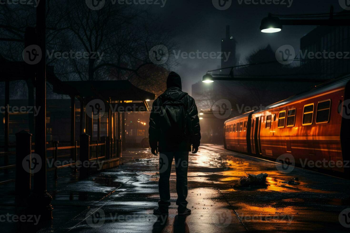 Lone figure battling internal turmoil at an empty dimly lit station photo