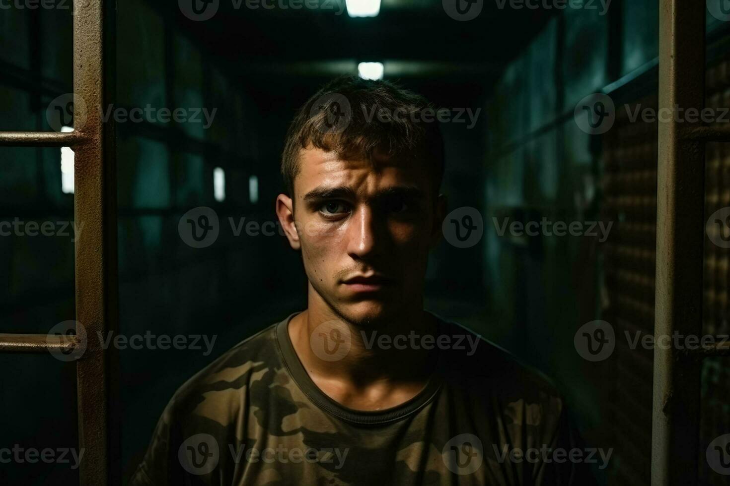 Soldier in barracks displaying emotional distress background with empty space for text photo