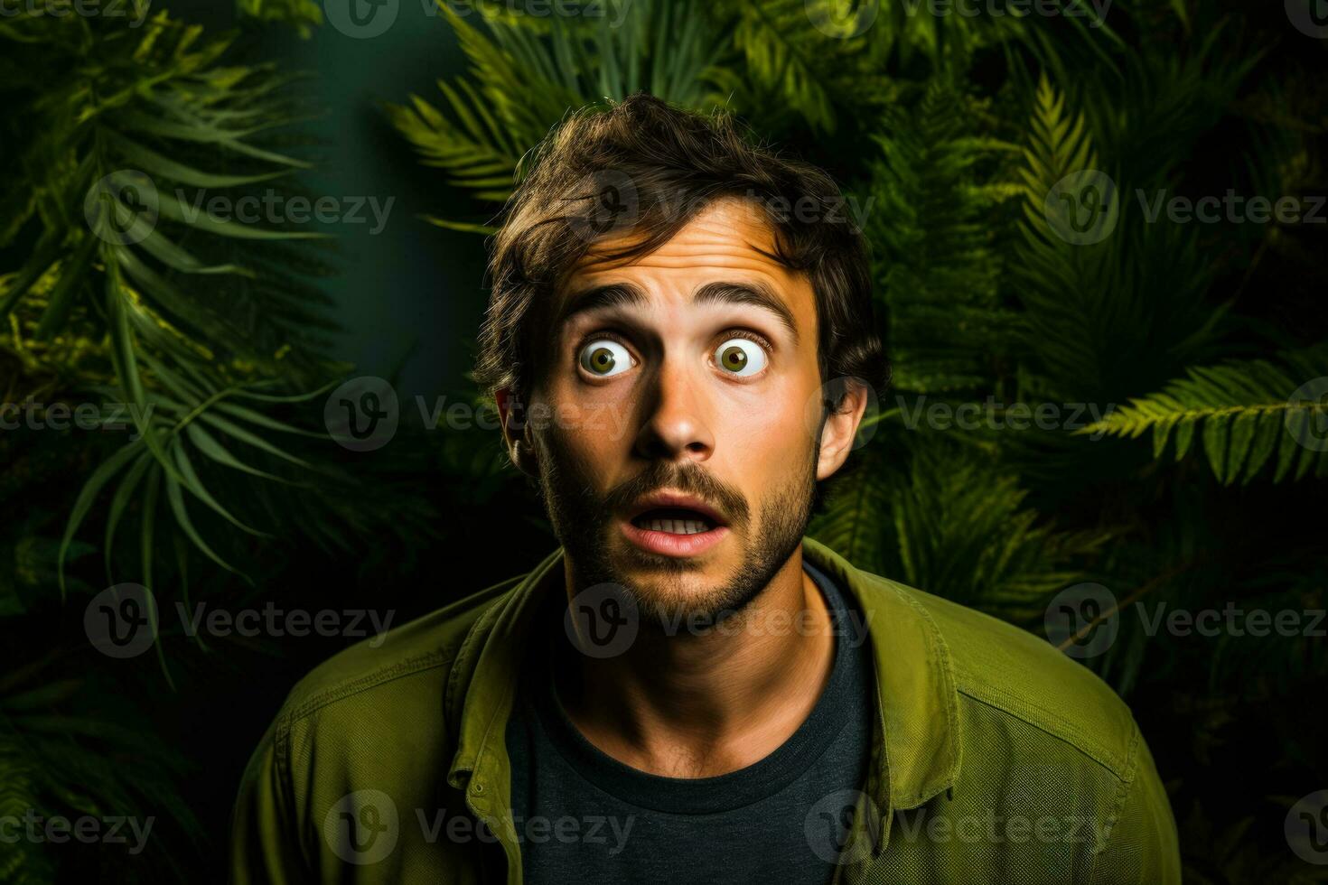 Anxious young adult in forest isolated on a green gradient background photo