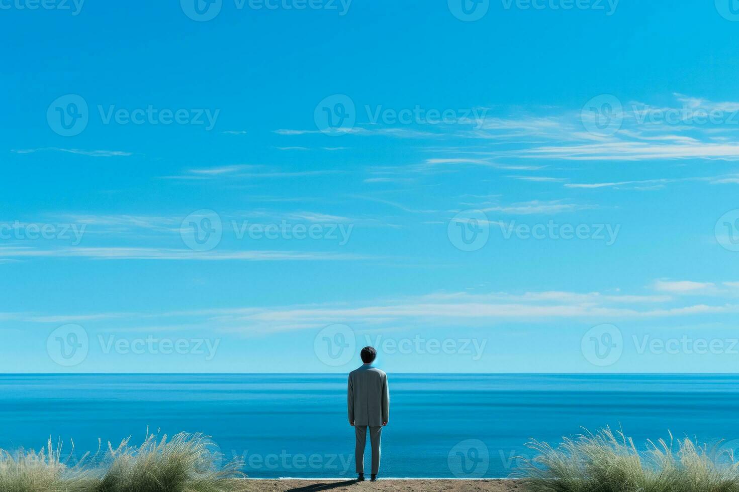 Desolate individual gazing out to sea isolated on a blue gradient background photo