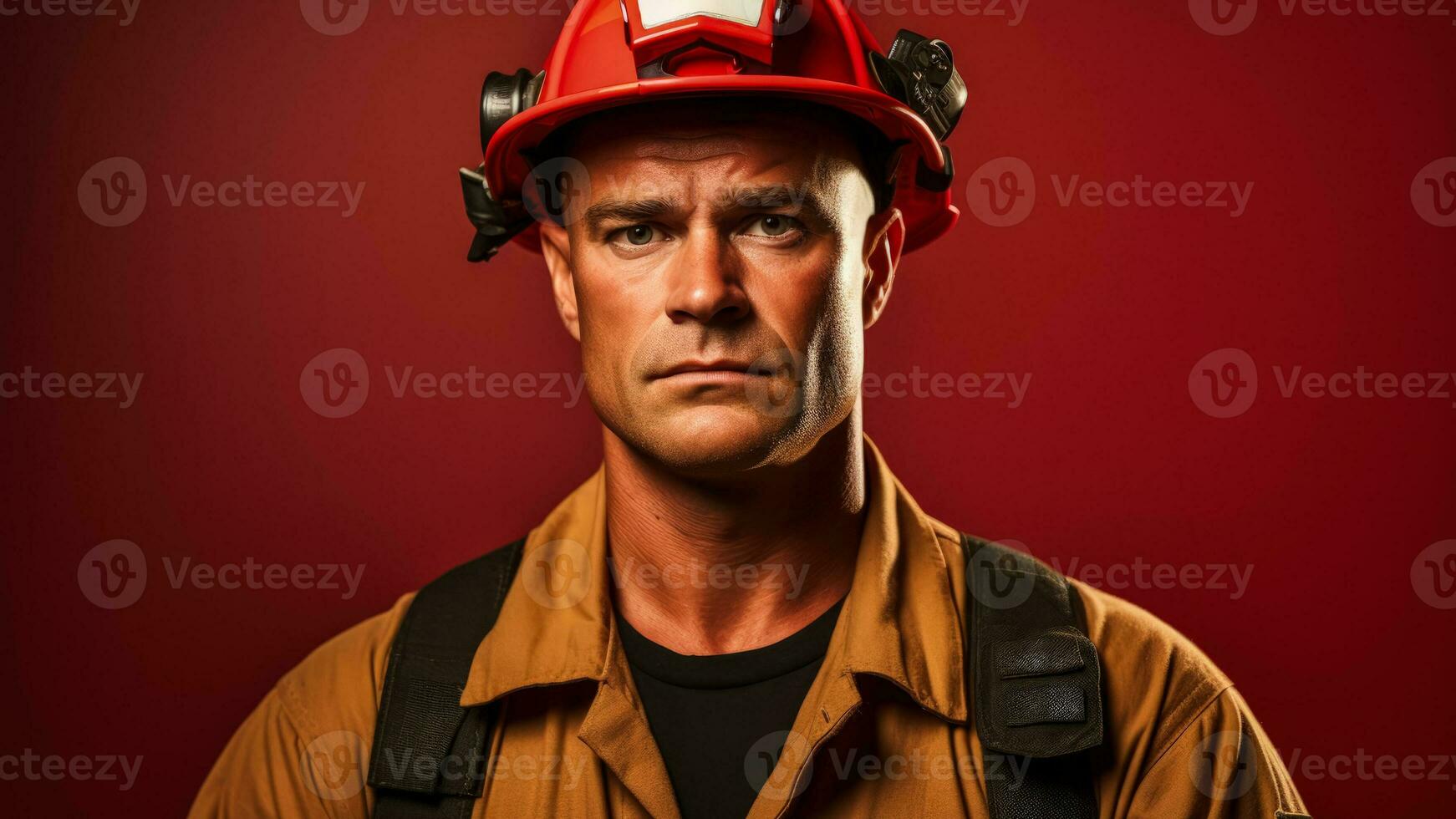 Troubled firefighter at fire station isolated on a gradient red background photo