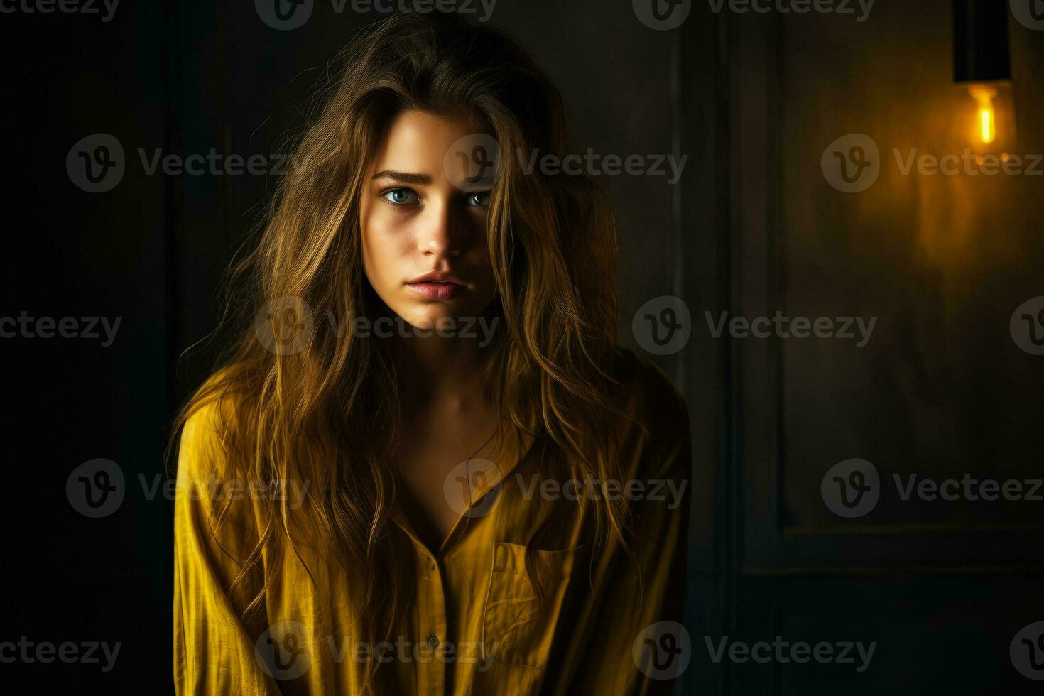 Depressed young woman in dimly lit room isolated on a gradient background photo