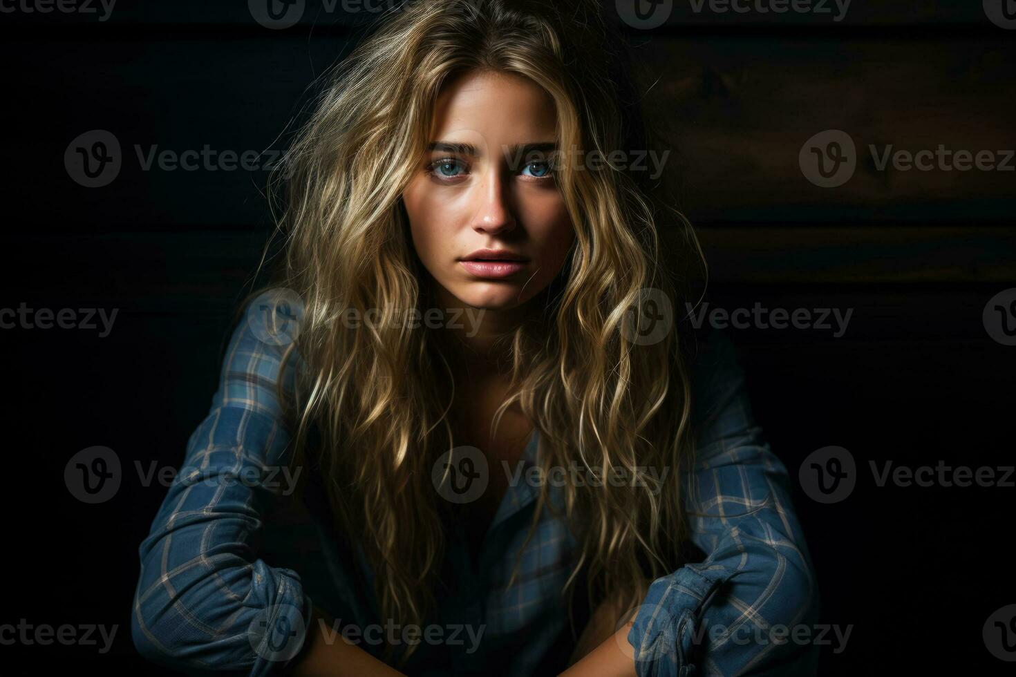 Young woman portraying intense emotional distress in dimly lit solitude photo