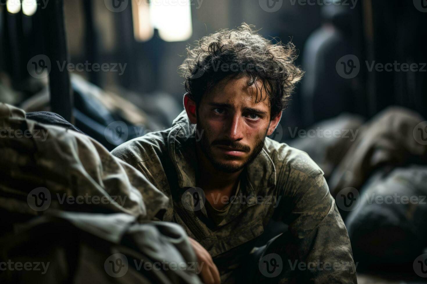 traumatizado soldado solo en cuartel exhibiendo visible señales de emocional vacío foto