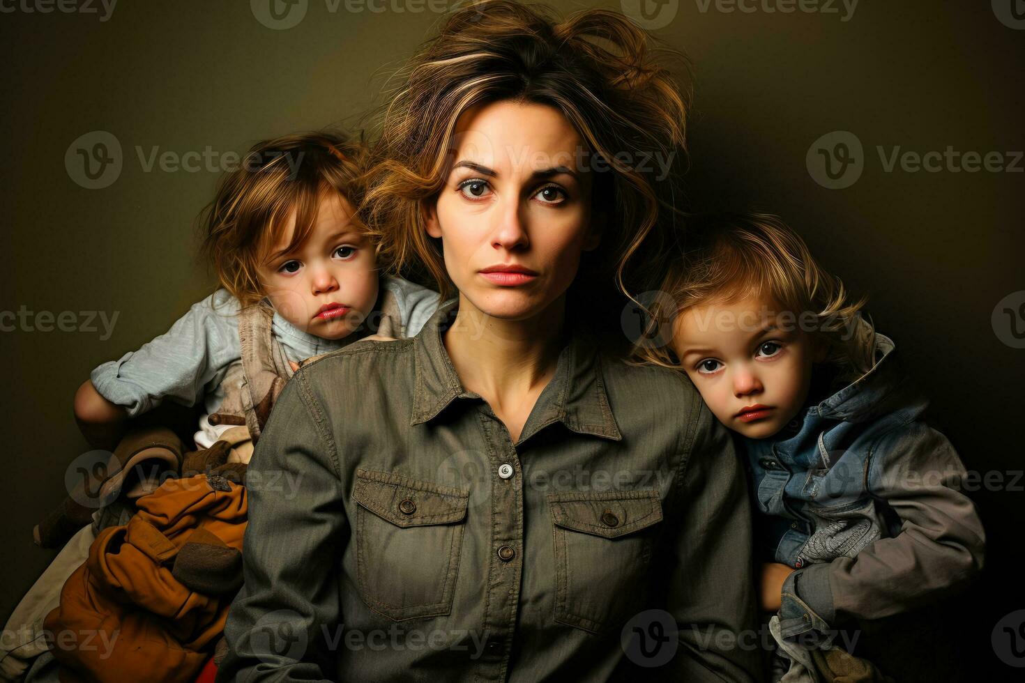 Overwhelmed single mother in home setting isolated on a gradient background photo