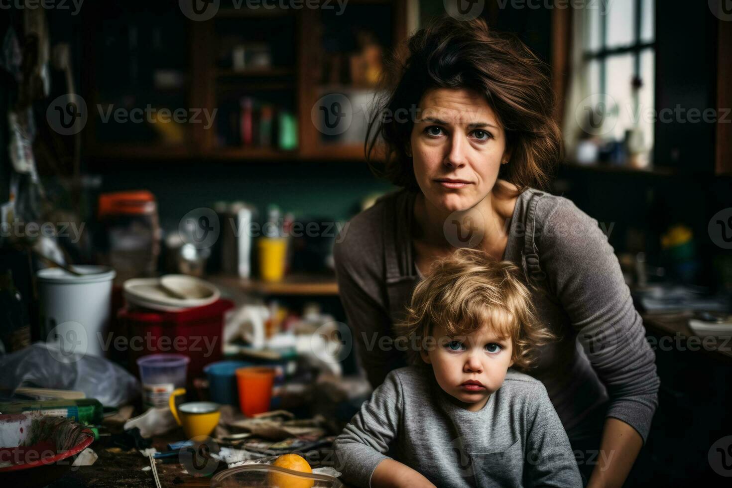 Stressed single mother in cluttered kitchen background with empty space for text photo