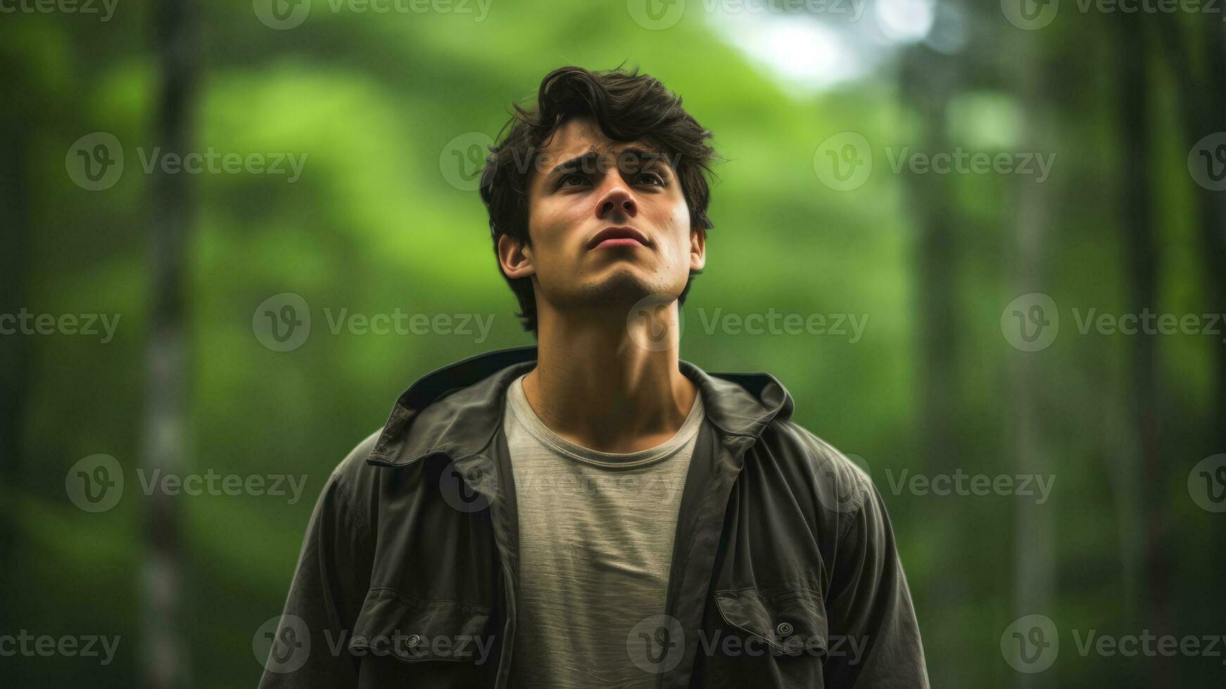 Young adult expressing distress alone in serene forest environment photo