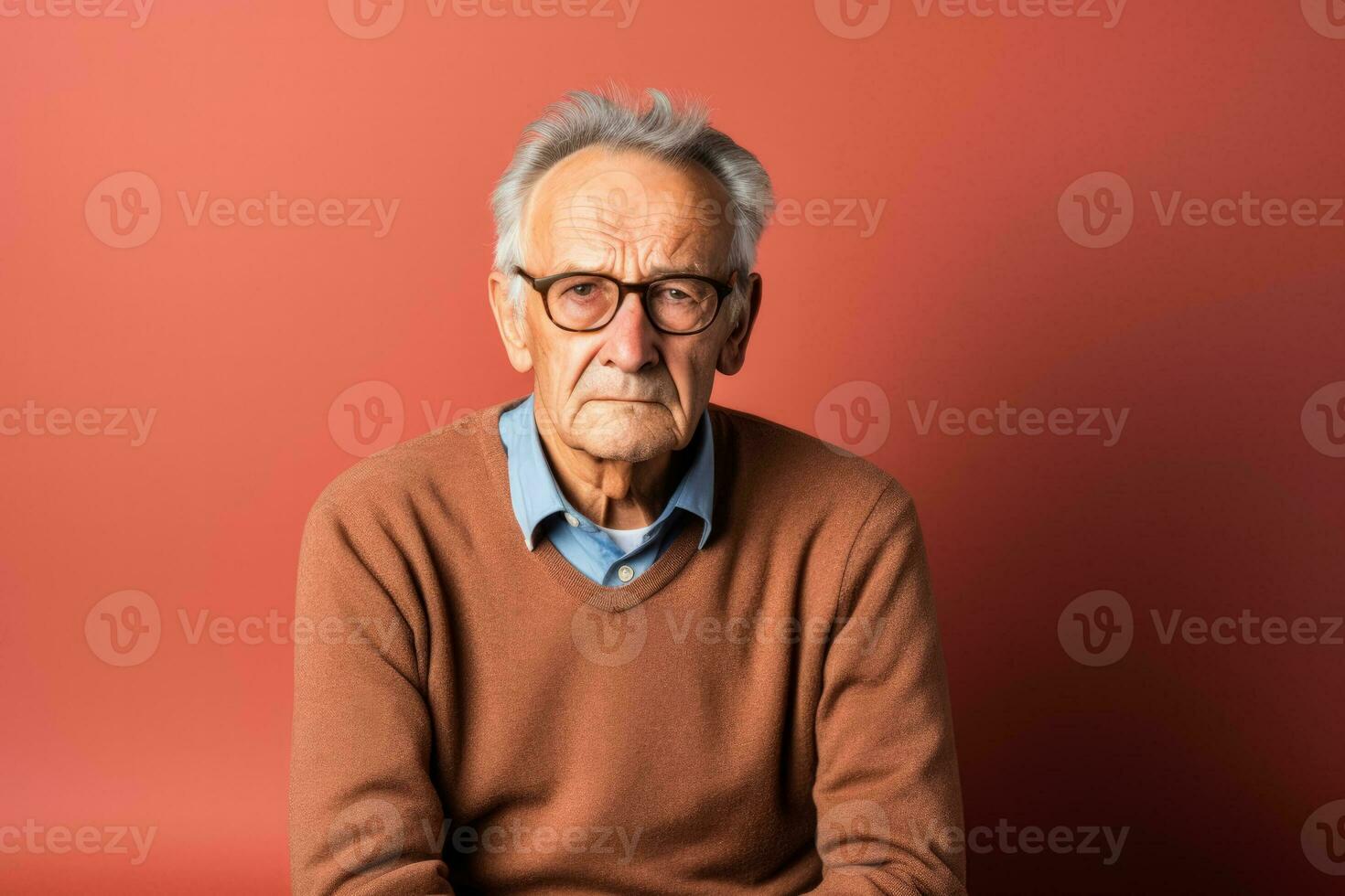 Elderly individual with sad expression alone in home isolated on a gradient background photo