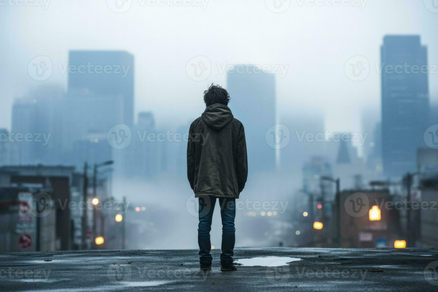 Lonely adult male in gritty cityscape background with empty space for text photo