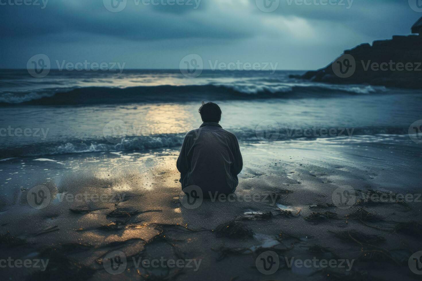 Distressed individual sitting alone displaying sadness on an eerily quiet beach photo