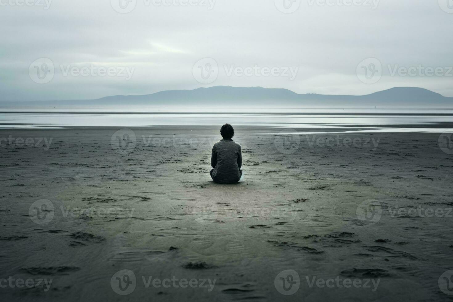 Distressed individual sitting alone displaying sadness on an eerily quiet beach photo
