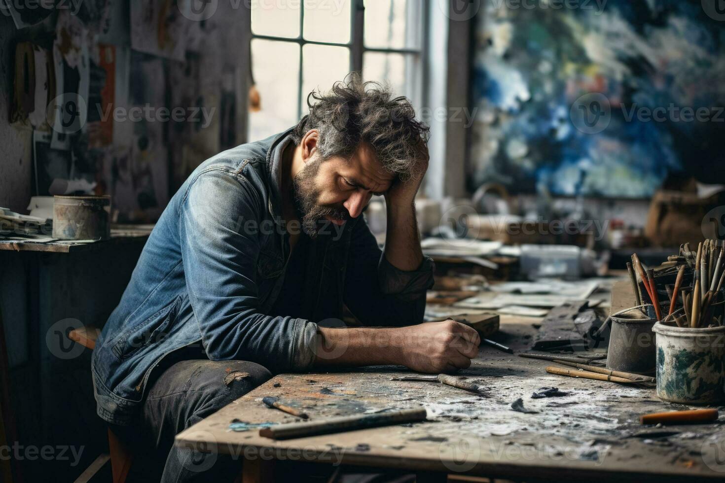 Depressed artist in unkempt workshop visibly grappling with emotional turmoil photo