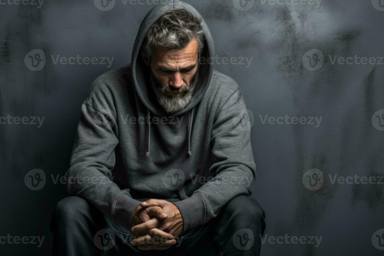 Distressed adult male sitting alone in city isolated on a gray gradient background photo