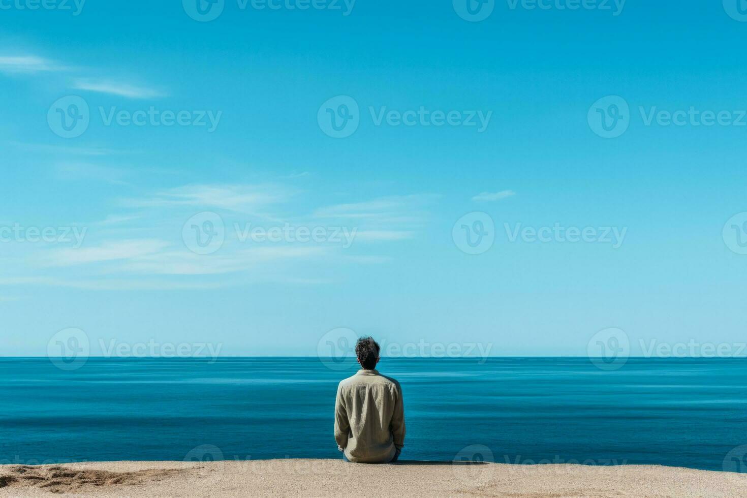 Desolate individual gazing out to sea isolated on a blue gradient background photo