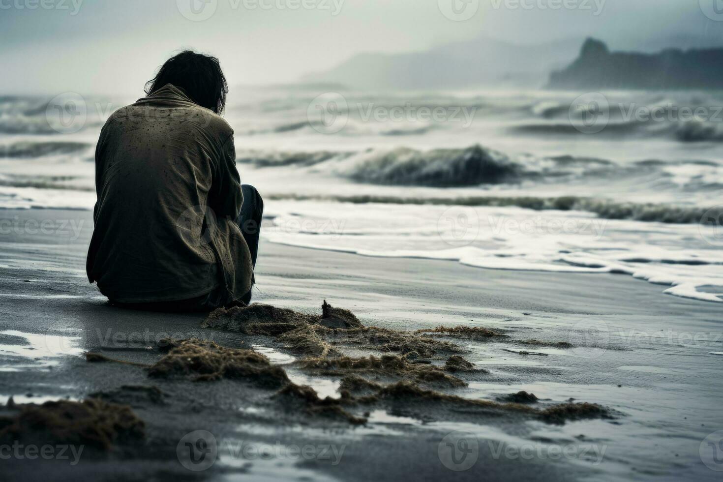Distressed individual sitting alone displaying sadness on an eerily quiet beach photo
