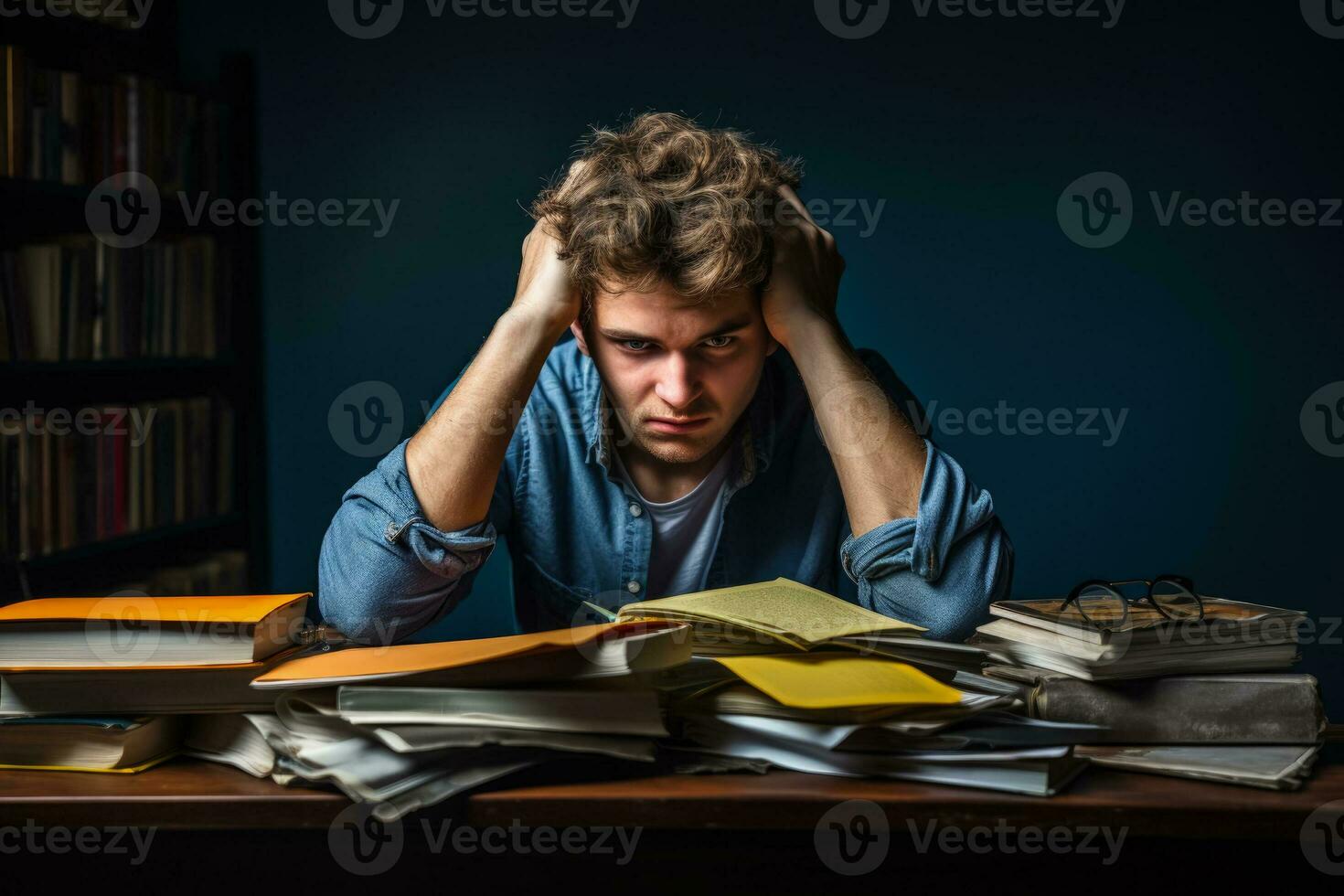 Depressed university student in dormitory room isolated on a gradient background photo