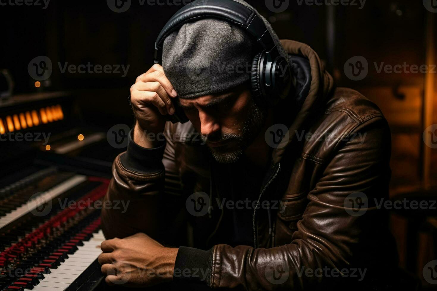 Troubled musician brooding in recording studio background with empty space for text photo
