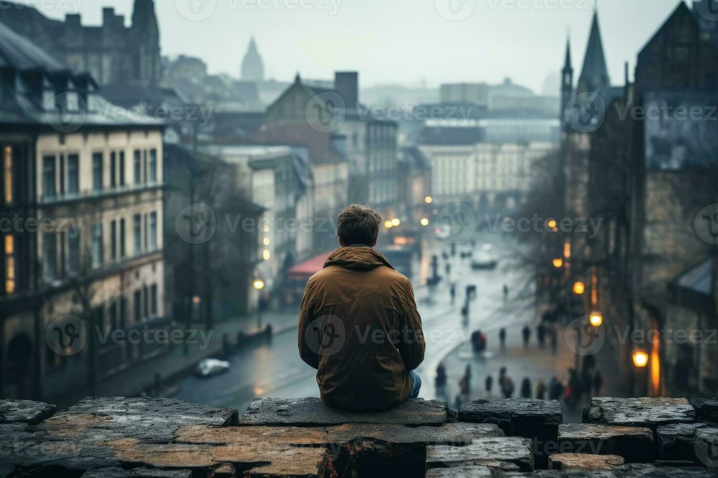 Lonely adult male in gritty cityscape background with empty space for text photo