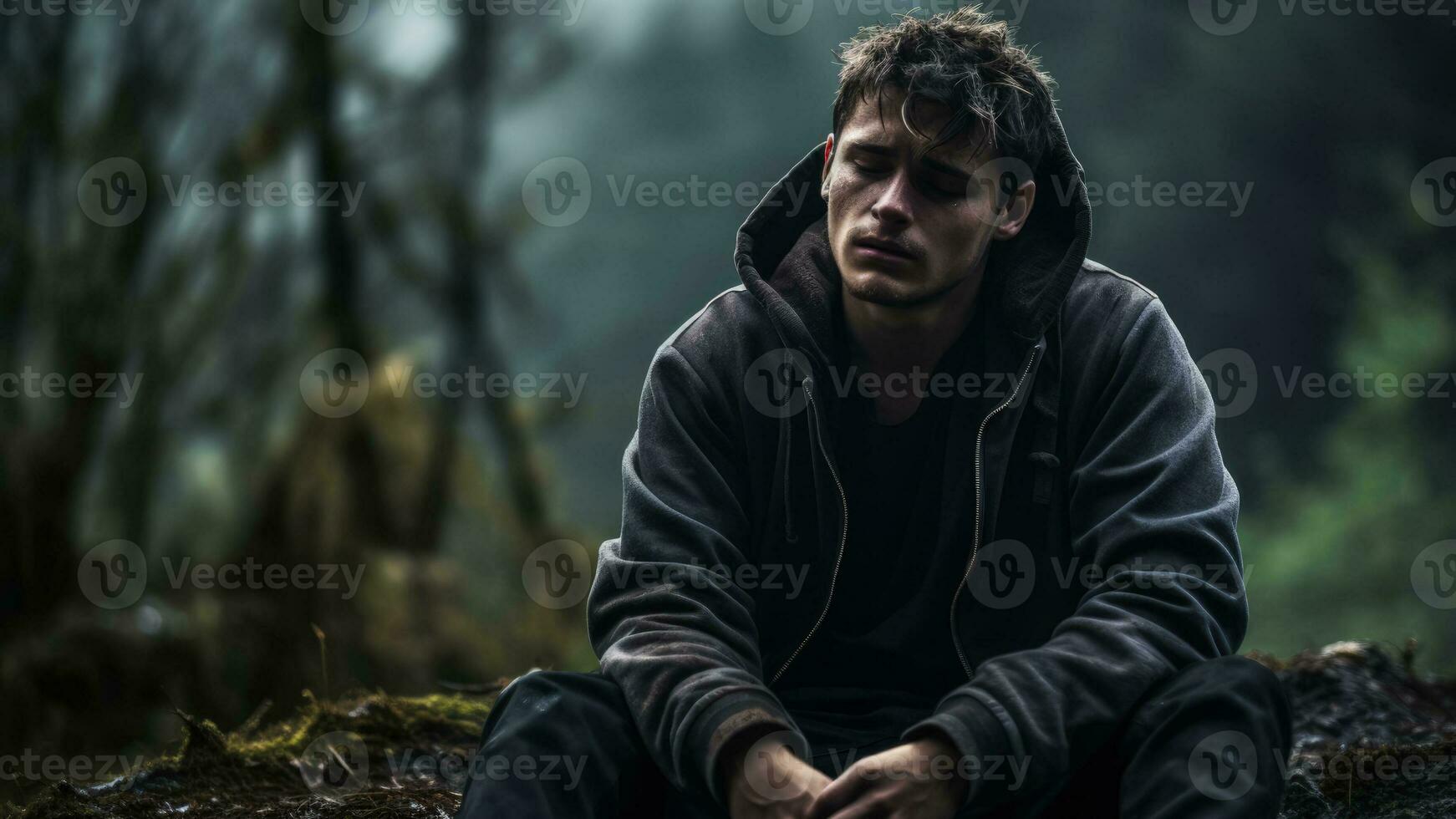 Young adult expressing distress alone in serene forest environment photo
