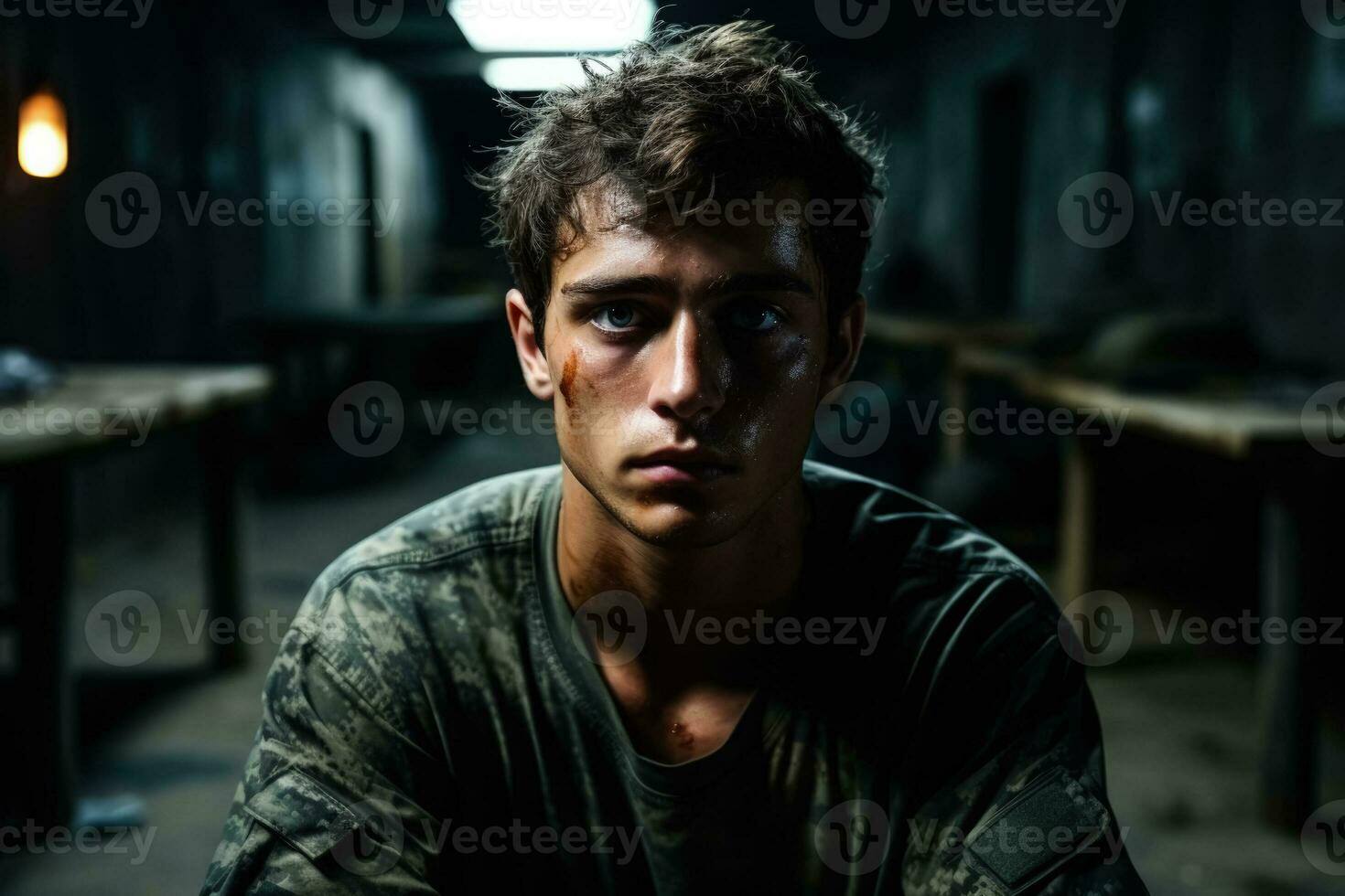 Soldier in barracks displaying emotional distress background with empty space for text photo