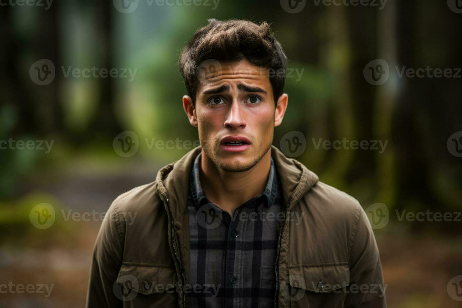 Distraught young adult in serene woodland background with empty space for text photo