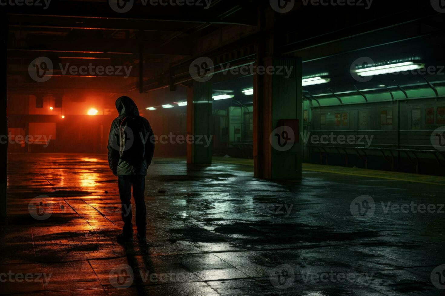 Lone figure battling internal turmoil at an empty dimly lit station photo
