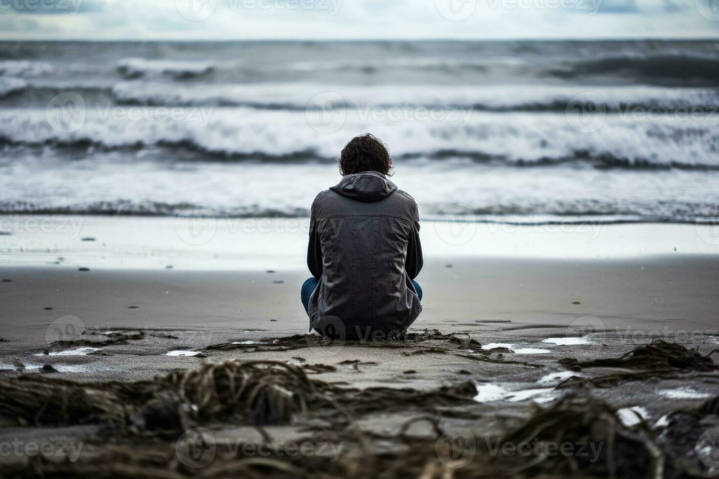 Distressed individual sitting alone displaying sadness on an eerily quiet beach photo