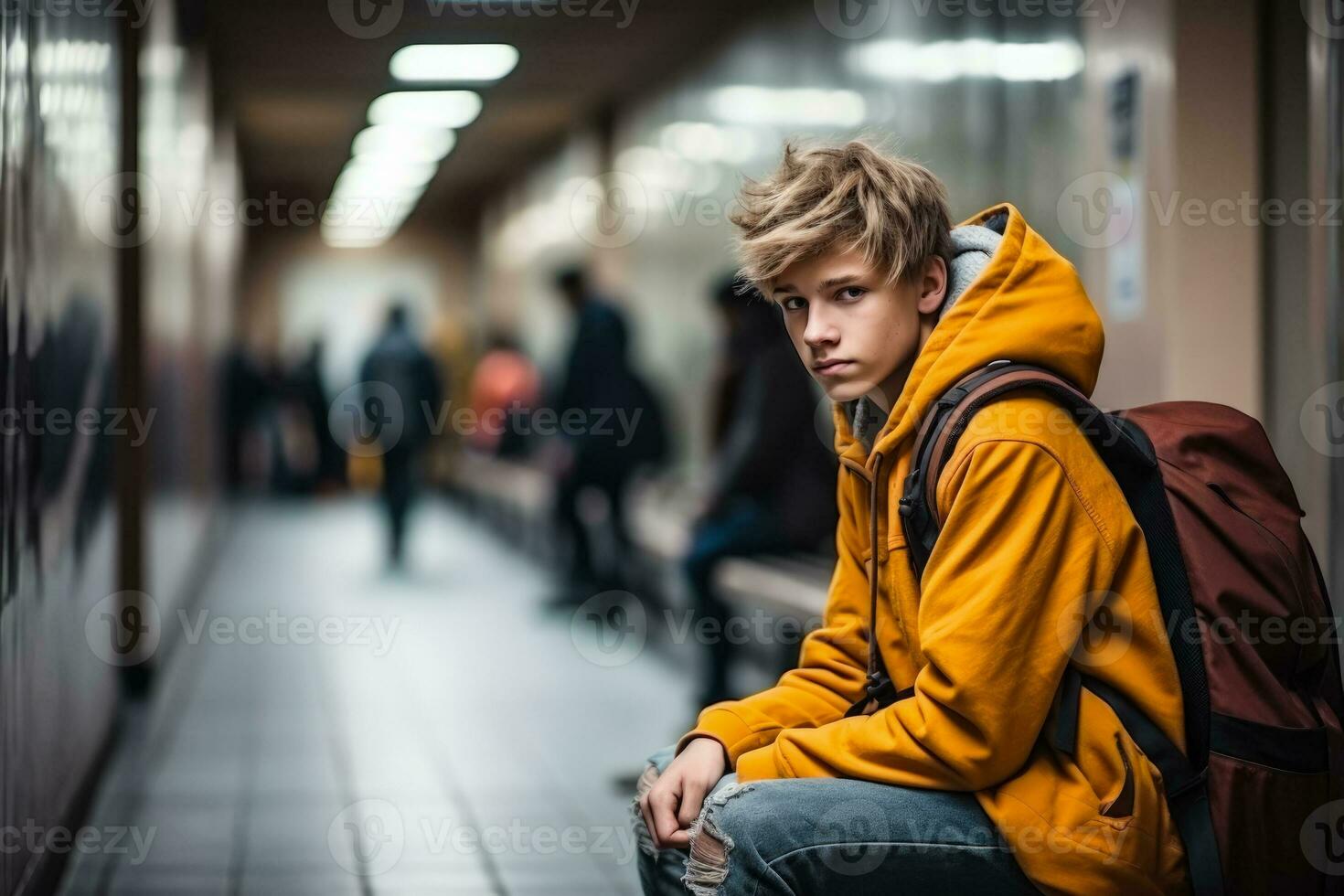 Teenager sitting alone in school hallway background with empty space for text photo