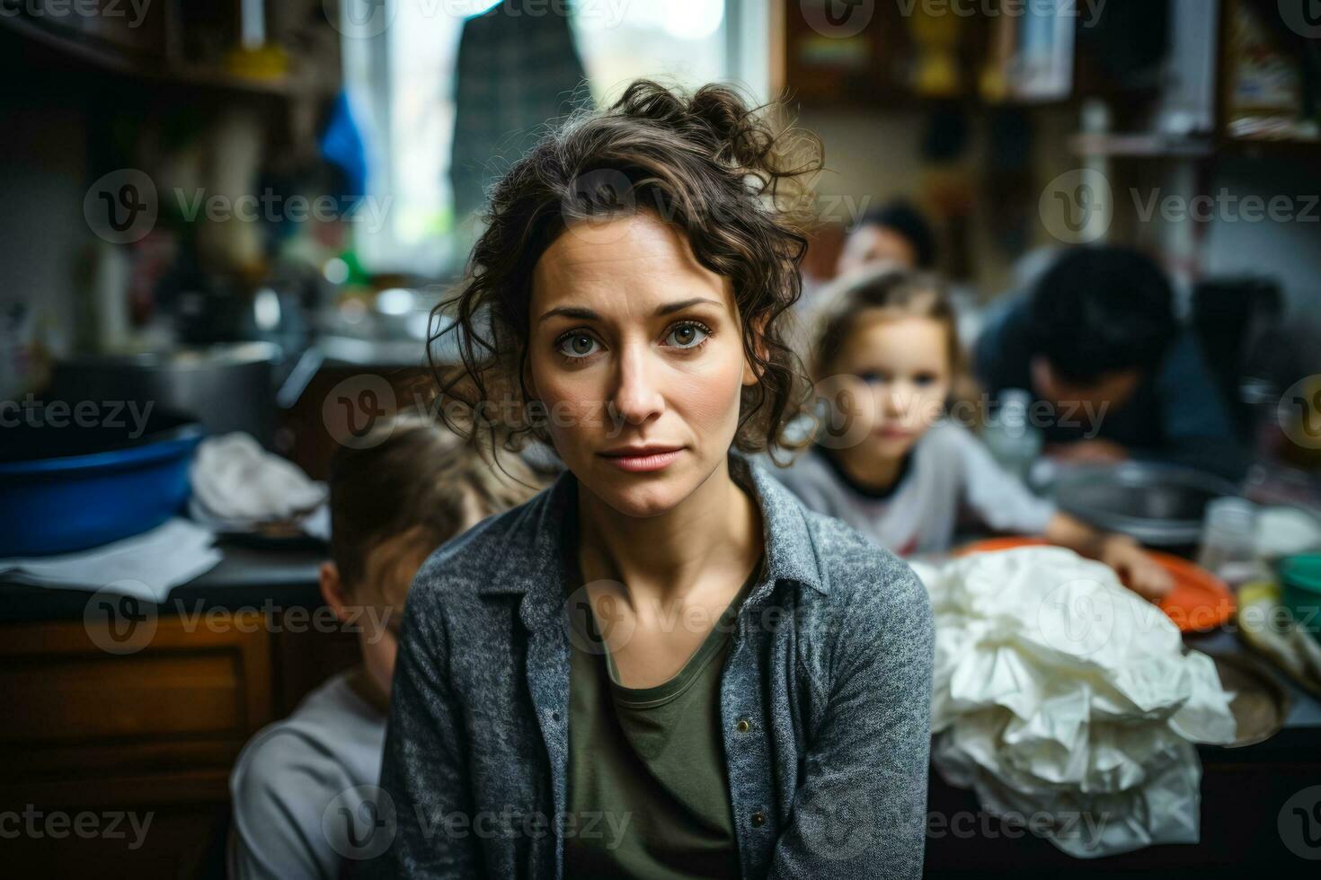 Stressed single mother in cluttered kitchen background with empty space for text photo