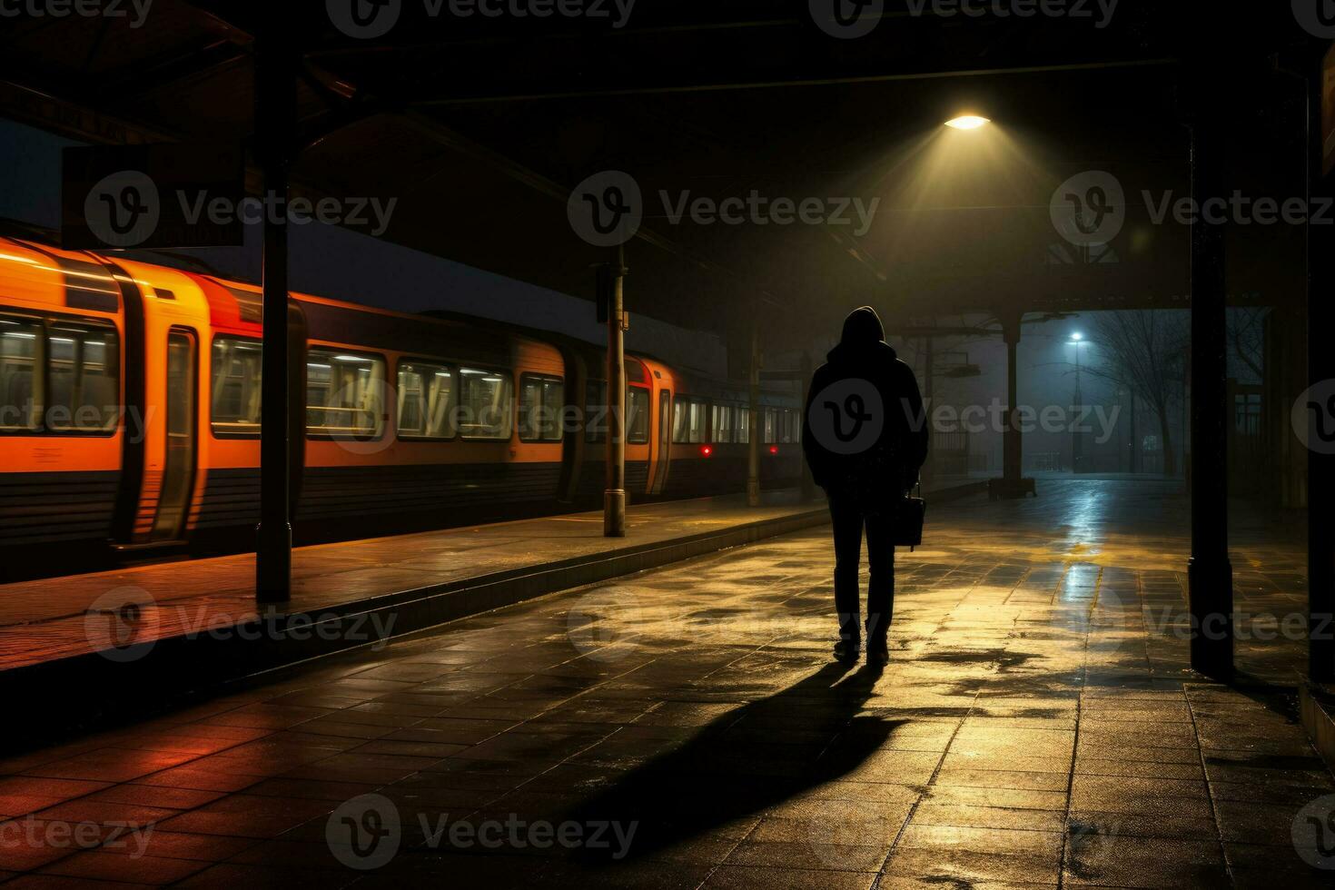 Lone figure battling internal turmoil at an empty dimly lit station photo