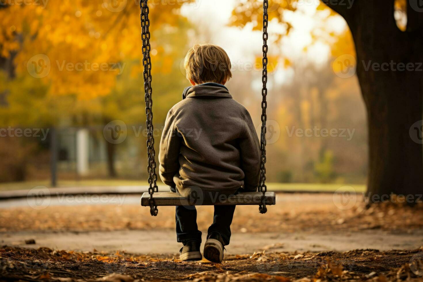 Child sitting alone on park swing reflecting noticeable emotional distress photo