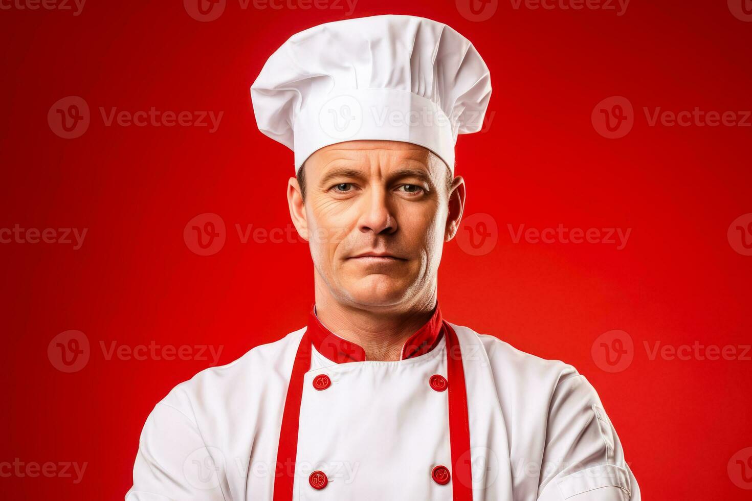 desalentado cocinero en un profesional cocina aislado en un degradado antecedentes foto