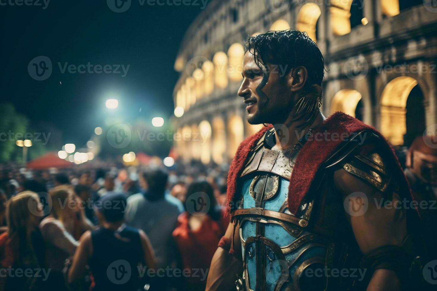 a street performer dressed as a Roman gladiator A photo of a runner sprinting through a city park AI Generative