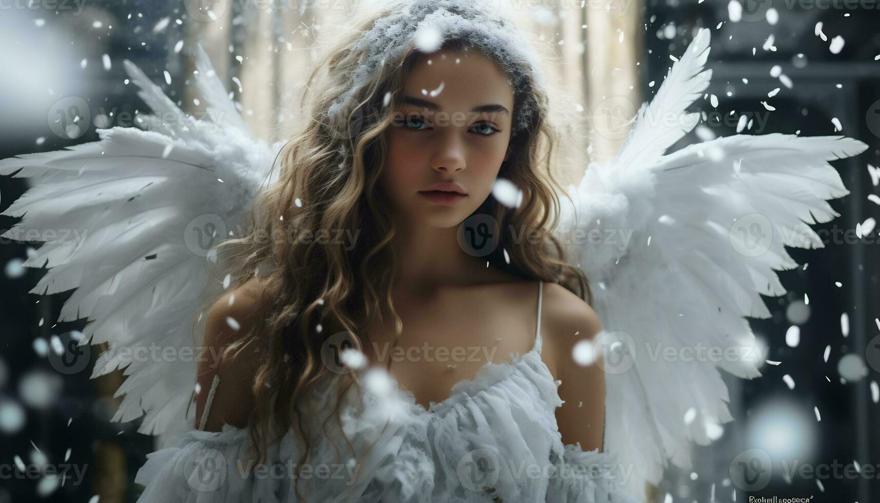Innocent Young girl with Long Blond Hair with angel wing AI Generative photo