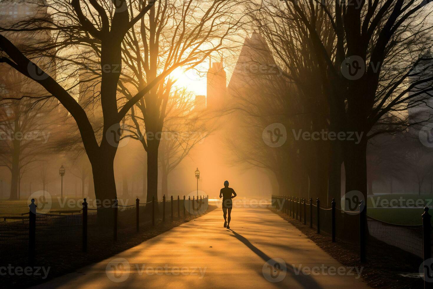 A photo of a runner sprinting through a city park AI Generative