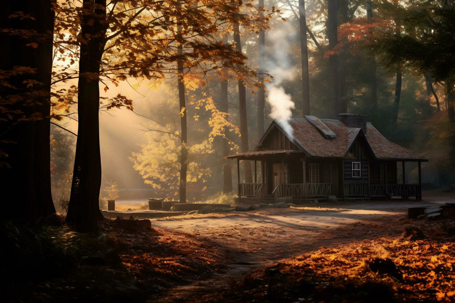 amanecer terminado un bosque paisaje con otoño follaje ai generativo foto