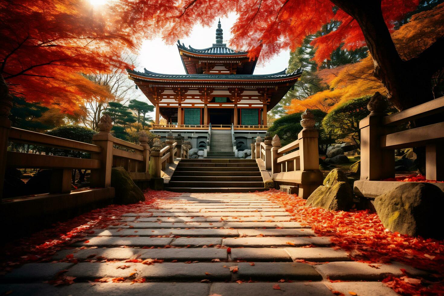 Kyoto temple adorned with vibrant autumn AI Generative photo