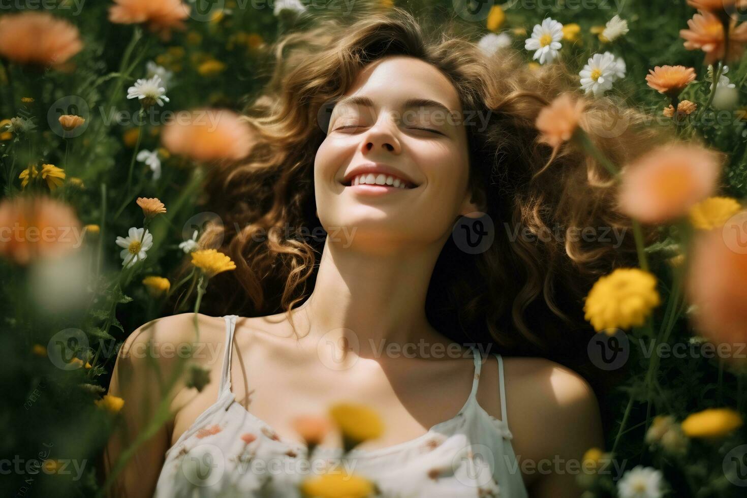 beautiful girl lying in the meadow with flowers Generative AI photo