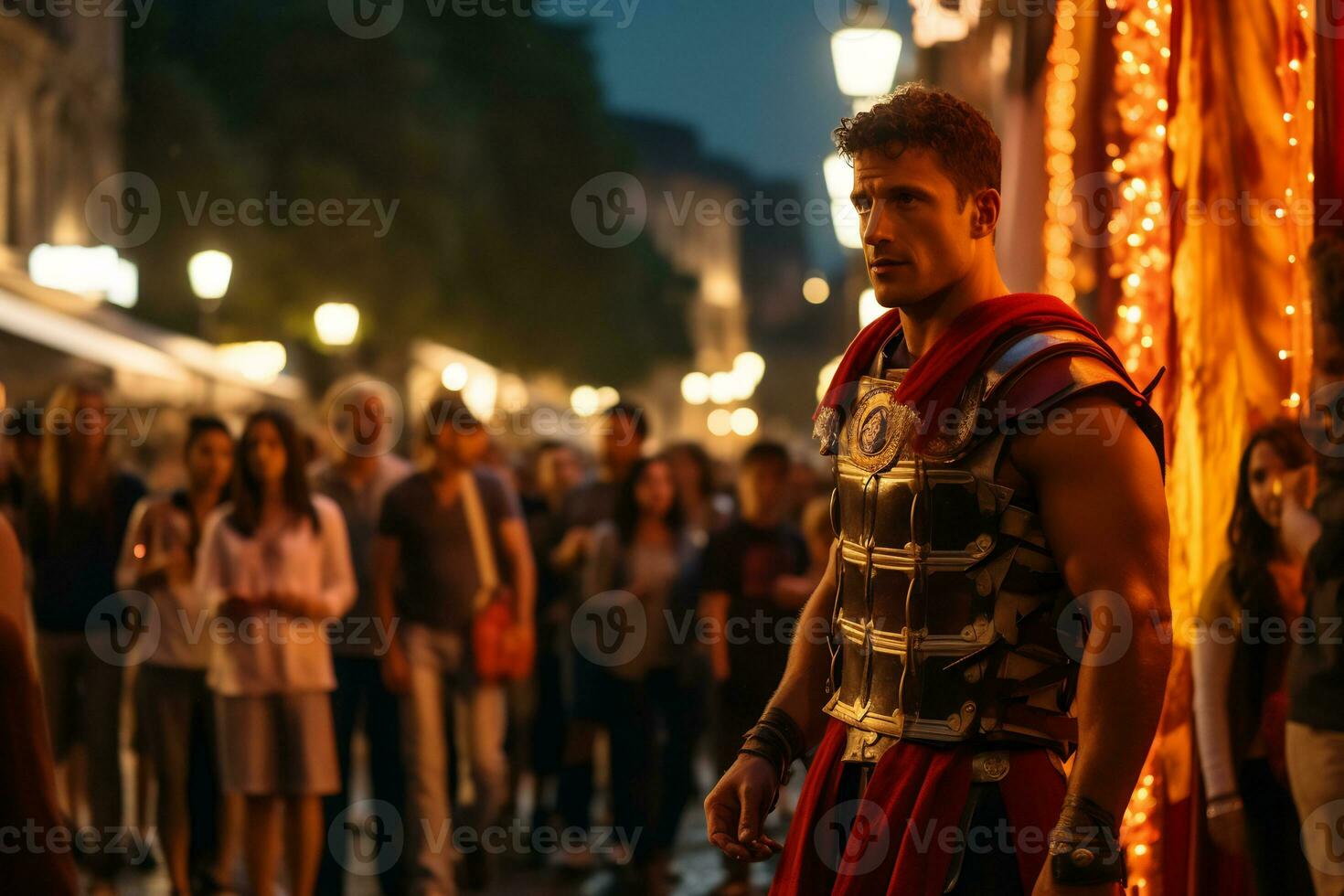 a street performer dressed as a Roman gladiator A photo of a runner sprinting through a city park AI Generative