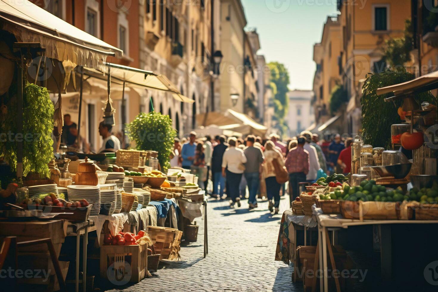 un foto de un bullicioso calle mercado en Roma ai generativo