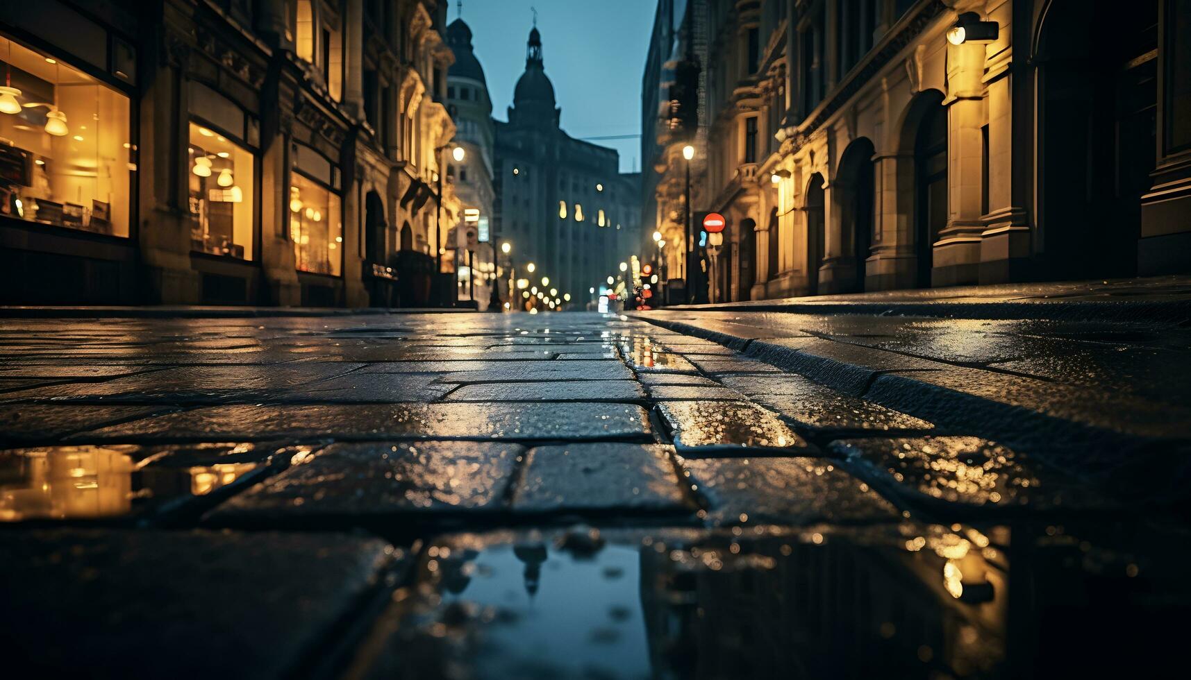 sidewalk at night after rain with wet streets Ai Generative photo