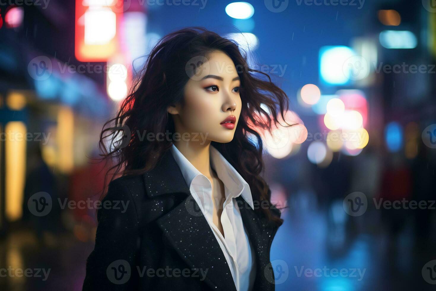 Asian girl with fashionable outfit posing in bustling city Generative AI photo