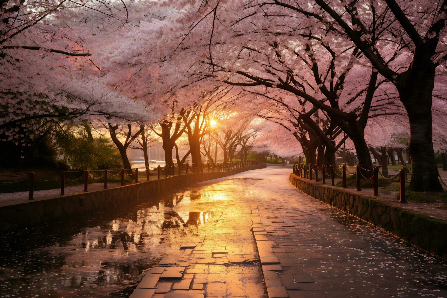 Cherry blossom park during sunset AI Generative photo